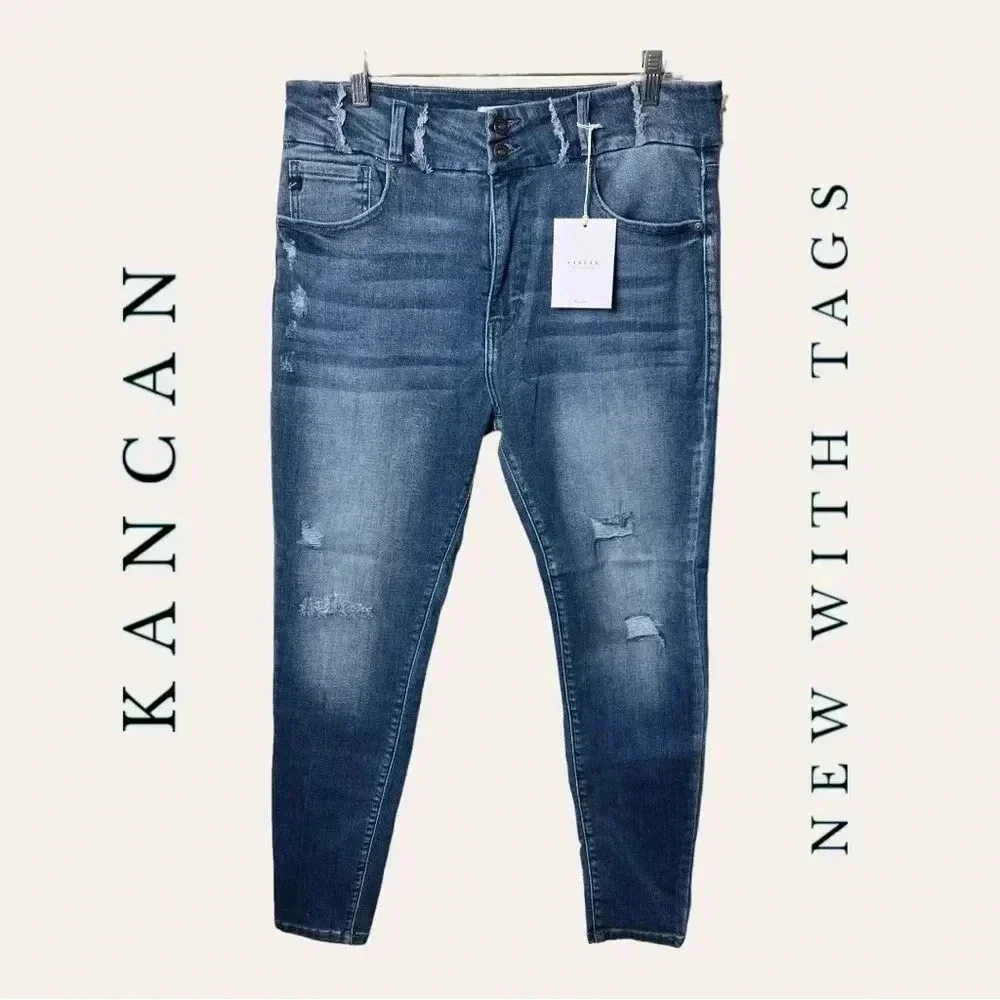 1269. KANCAN HIGH WAISTED SUPER SKINNY DENIM JEANS SIZE 15/31 FACTORY DISTRESSED